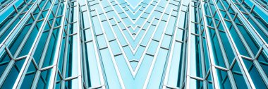 Altyapı panoramik ve perspektif manzarası çelik mavi cam gökdelenler, iş konsepti başarılı endüstriyel mimari
