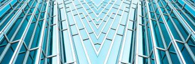 Altyapı panoramik ve perspektif manzarası çelik mavi cam gökdelenler, iş konsepti başarılı endüstriyel mimari