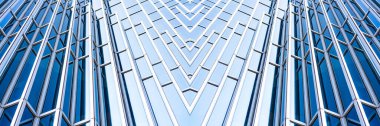 Çelik mavi camlı gökdelenlere panoramik ve perspektif manzarası, başarılı endüstriyel mimari iş konsepti