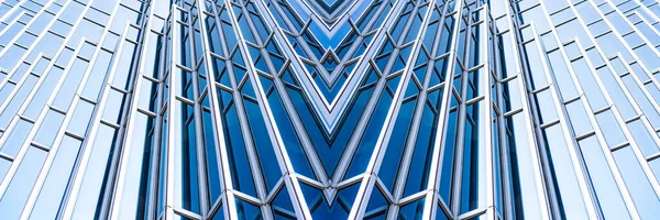 Spodní Panoramatický Perspektivový Pohled Ocelově Modré Sklo Vysoké Budovy Mrakodrapy — Stock fotografie