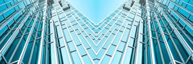 Altyapı panoramik ve perspektif manzarası çelik mavi cam gökdelenler, iş konsepti başarılı endüstriyel mimari