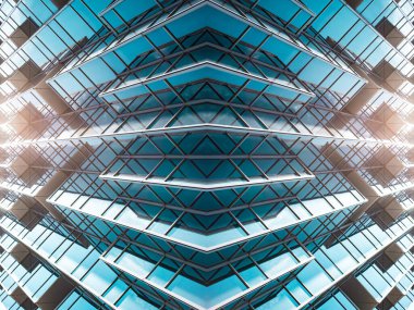 Çelik mavi camlı gökdelenlere panoramik ve perspektif manzarası, başarılı endüstriyel mimari iş konsepti