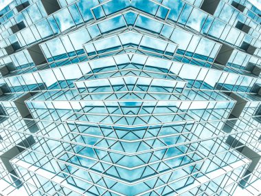 Çelik mavi camlı gökdelenlere panoramik ve perspektif manzarası, başarılı endüstriyel mimari iş konsepti