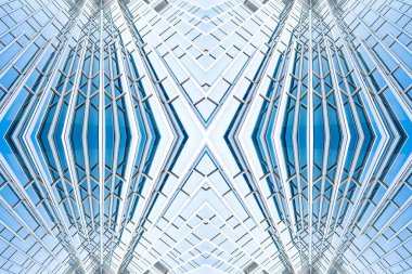 Çelik mavi camlı gökdelenlere panoramik ve perspektif manzarası, başarılı endüstriyel mimari iş konsepti