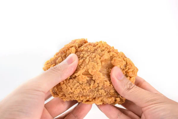 Hand Håll Stekt Kyckling Isolerad Vit — Stockfoto