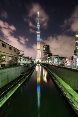 TOKYO, JAPONYAN - 28 Mar 2019 Tokyo Skytree, Sumida Ward Urban gece sahnesi. Tokyo Skytree kulesi kanala yansıyor.