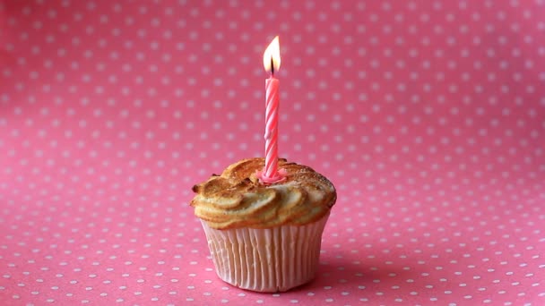 Cupcake Mit Brennender Kerze Zum Geburtstag — Stockvideo