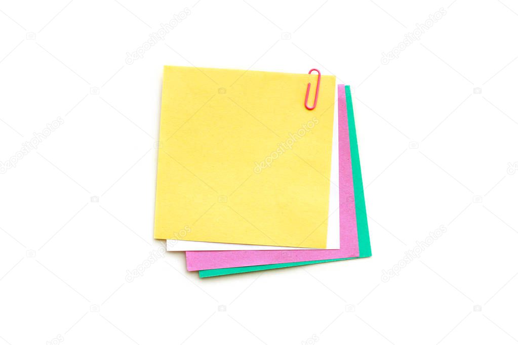 Note papers label with pink clip on white background