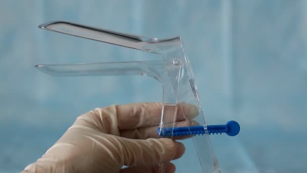 Doctor Hands Medical Glove Holds Speculum Front Shows How Take — Video Stock