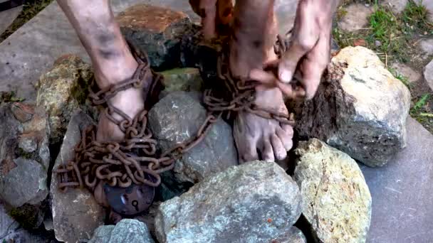 Slave Iron Chains Trying Free Himself Scene Life Slave Symbol — Stock Video