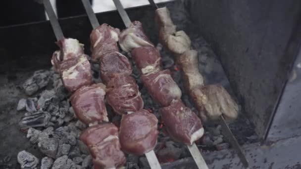 Carne Parrilla Para Barbacoa Exterior Cierre Barbacoa Carne Una Parrilla — Vídeo de stock