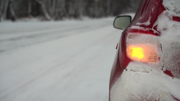 汽车警报在雪地的路上闪烁着 — 图库视频影像
