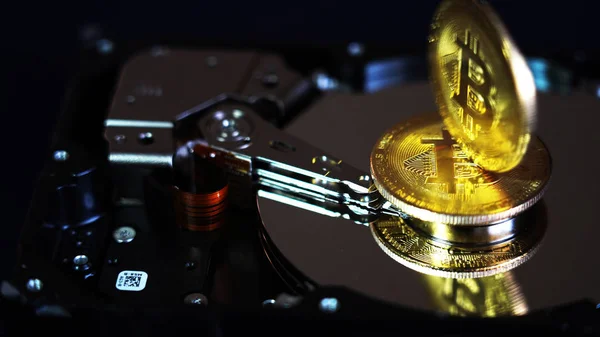 Bitcoin on hdd or harddrive, macro. Cyber security concept, data privacy — Stock Photo, Image