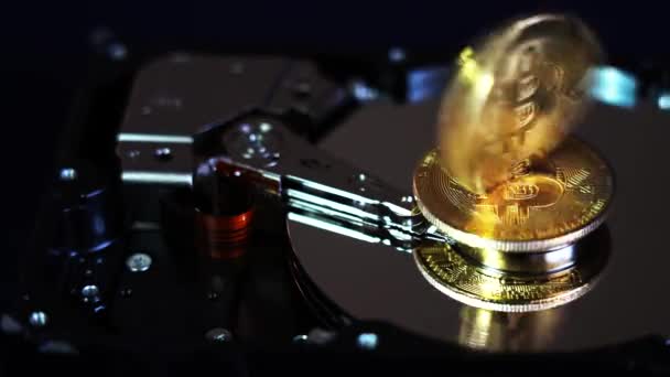 Bitcoin Berputar Pada Hard Disk Macro Konsep Keamanan Cyber Privasi — Stok Video