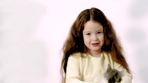 Little Girl Holds Kitten Her Arms — 图库视频影像