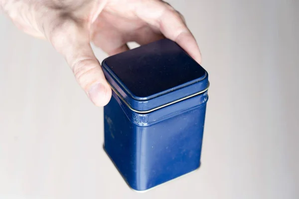 Antique blue tin can for tea or coffee — Stock Photo, Image