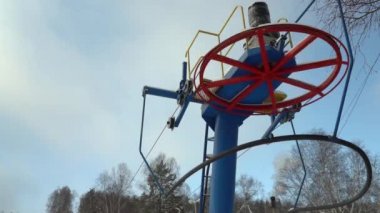 Lift cable pulley close up. Detail view of the rollers of a cable car.