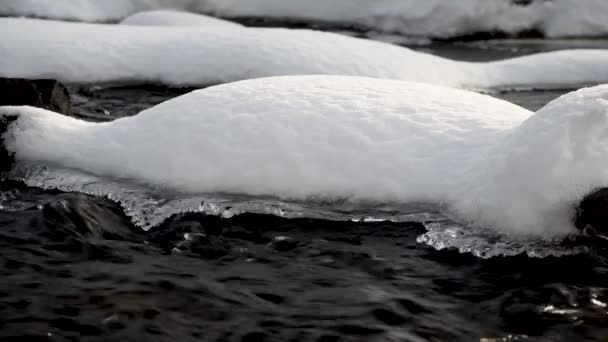 Szybko poruszająca się woda, przechodząca przez topniejący lód. Zbliżenie. — Wideo stockowe