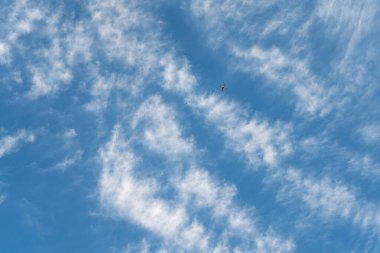 Cirrus bulut şeritli, beyaz, tüylü, buz kristalli. Gökyüzünün mavi arkaplanı