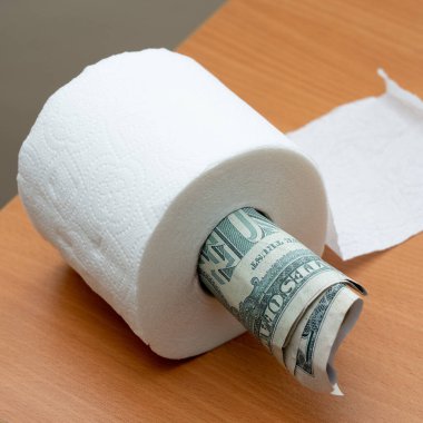 Tuvalet kağıdı rulosundaki dolar. Tuvalet kağıdı ve para.