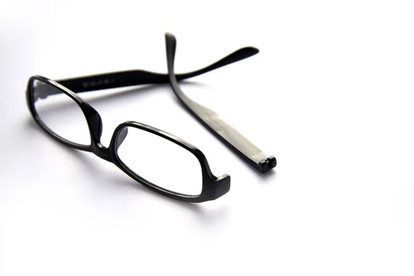 Broken Eye Glasses Isolated White Real Shadows Black Celluloid Frame — Stock Photo, Image