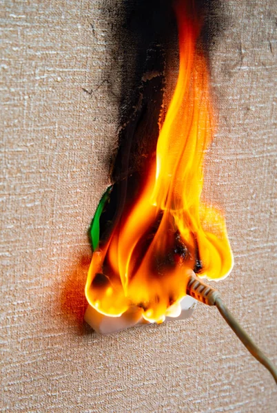 Defective Wiring Causes Fire Burning Electrical Wiring Socket People Home — Stock Photo, Image