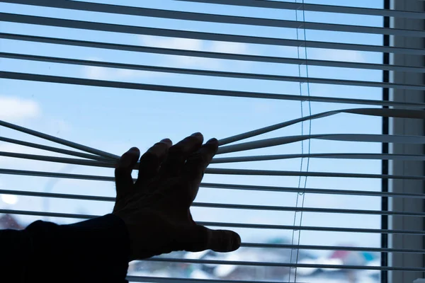 Karantinadaki Pencere 'ye bak. Mavi gökyüzü. Bir adam zorunlu tecrit altında. Pencereden panjurlardan dışarı bakıyor. Korkunç bir salgın. İyimserlik ve kurtuluş umudu.