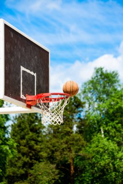 Arka plan olarak yeşil ağaçlar parkta Basketbol çember.