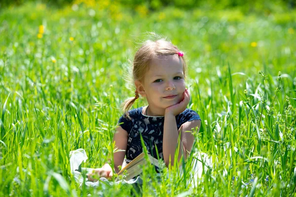 Liten Flicka Med Flätor Solig Sommardag Grön Äng — Stockfoto