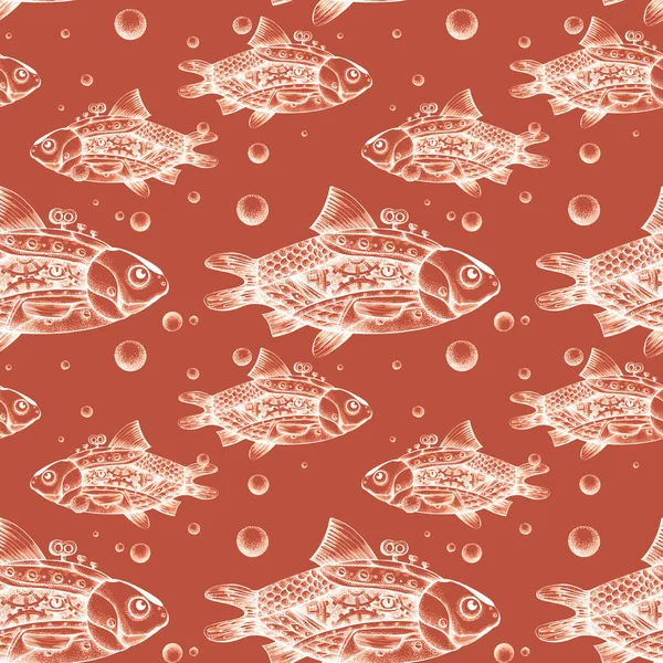 Grafische Muster Mit Fischen Stil Des Dampfpunks — Stockfoto