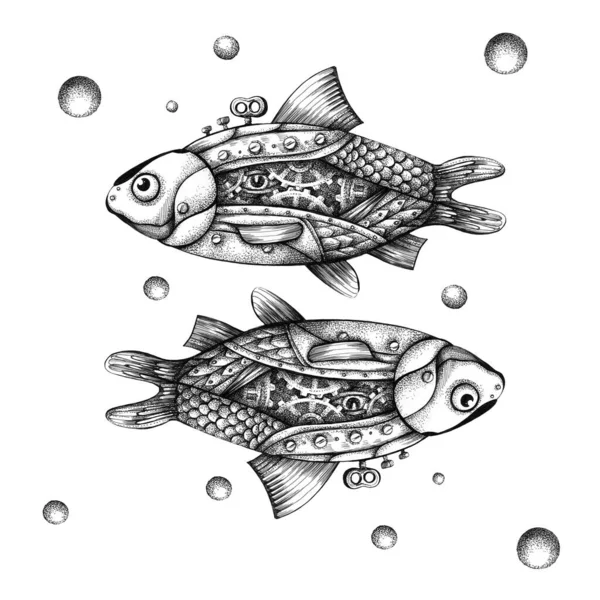 Графический Набор Узоров Рыбой Стиле Парового Панка — стоковое фото