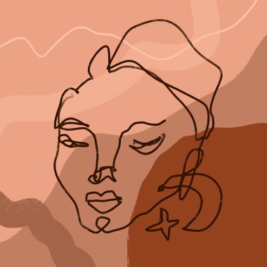Basit El Çizimi Terracotta Sanat Soyutlaması Modern Moda Çizgisi Portre Yüzü Tek Renkli Yazıcı Tekstil Vektörü