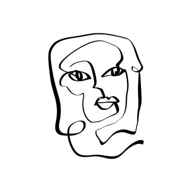 Basit el çizimi siyah beyaz çizgi portresi yüz sanatı. Soyut kompozisyon. Elbiseler, tekstil, posterler ve diğerleri için tek renkli baskı. Vektör