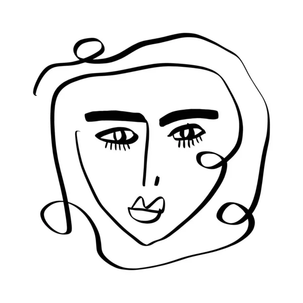 Simple dibujado a mano en blanco y negro línea de arte de la cara retrato de moda. Composición abstracta. Impresión monocromática para ropa, textil, carteles y otros. Vector — Vector de stock