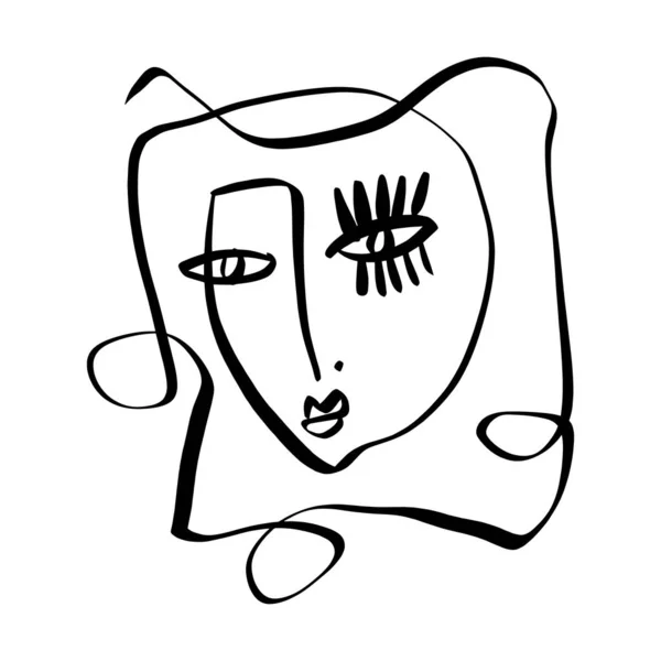 Portret simplu de mână desenat negru și alb la modă linie de artă față. Compoziție abstractă. Imprimare monocrom pentru haine, textile, postere și altele. Vector — Vector de stoc