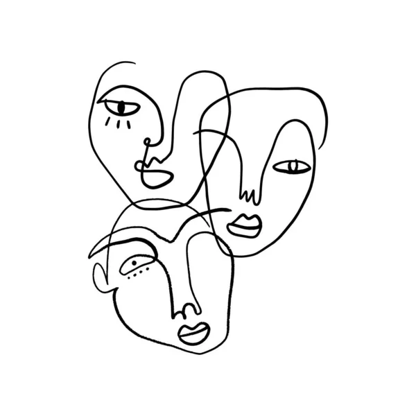 Absztrakt Fashion Artistic Portrait Painted Illustration Of People Arcok Silhouette Group Pattern One Line Drawing Absztrakció Modern esztétika Nyomtatás Minimalizmus Belső kontúr Kézzel rajzolt Lineart Conti — Stock Vector