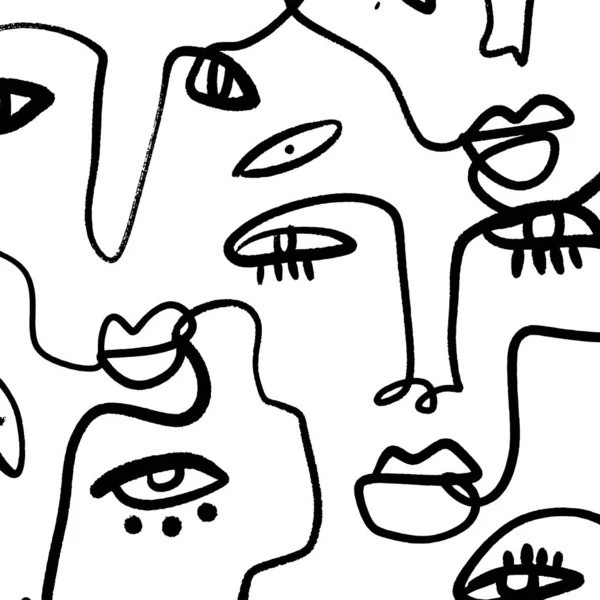 Retrato artístico de moda abstracta ilustración pintada de personas caras silueta grupo patrón una línea dibujo abstracción estética moderna impresión minimalismo interior contorno dibujado a mano lineal Conti — Vector de stock