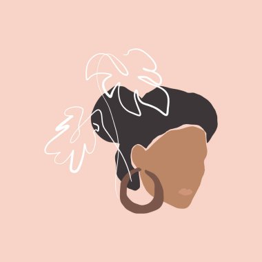 Modern Boho Pastel Terracotta Kolaj Hattı Mulatto Kadın Küpe Yüzlü Saç Tarzı Minimalist Vector Illustration Modern Soyut Grafik Baskısı
