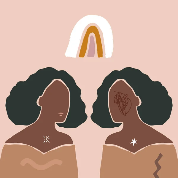 Moderno Boho Pastel Terracota Collage Line Dibujo Africano Negro Mujeres Pareja Doble Caras Peinado Moda Belleza Minimalista Vector Ilustración Moderno Abstracto Gráficos Imprimir — Vector de stock