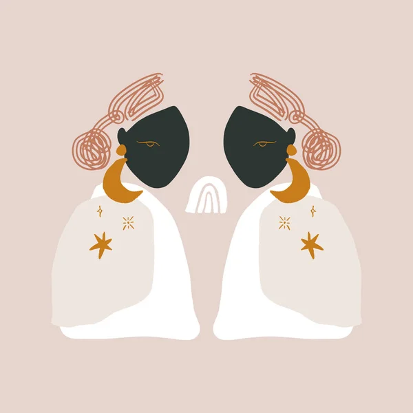 Modern Boho Pasztell Terrakotta kollázs vonal Rajz Afrikai Fekete Nők Pár Twin Arcok Fodrászat Szépség Minimalista Vektor Illusztráció Modern Absztrakt grafika Nyomtatás — Stock Vector