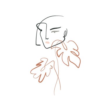 Boho Pastel Terracotta Kolaj Hattı Yaprak Küpe Yüzlü Kadın Saç Tarzı Minimalist Vector Illustration Modern Soyut Grafik Baskısı