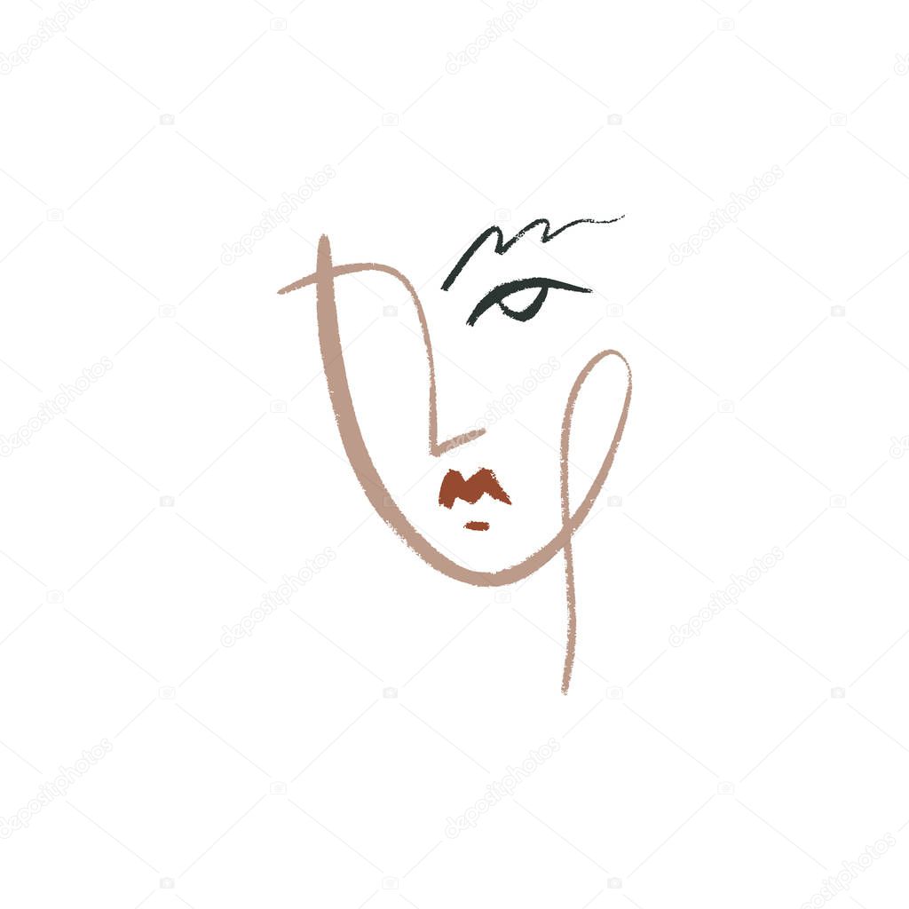 Boho Line Drawing Woman Face Fashion Beauty Minimalist Vector Illustration