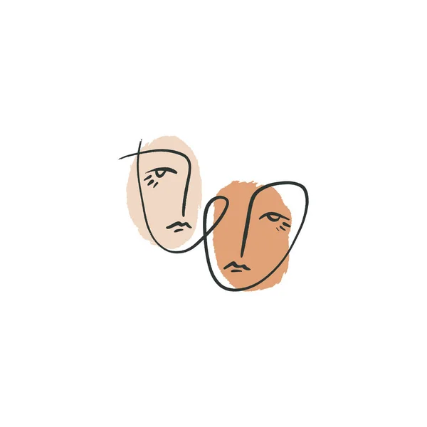 Mode femme moderne Imprimer une ligne Dessin visage abstrait imprimable dans le style continu Twins vecteur féminin — Image vectorielle