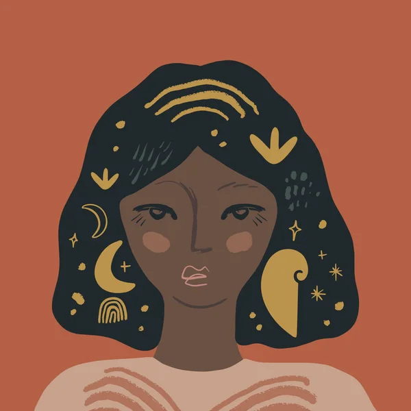 Bitki Kadın Afro-Amerikan Büyüleyici Güzel Kız Elf Kadın Portresi Siyah Peri Güzellik Kadını Avatar Moda Güzelliği Düz Şekil Vektörü