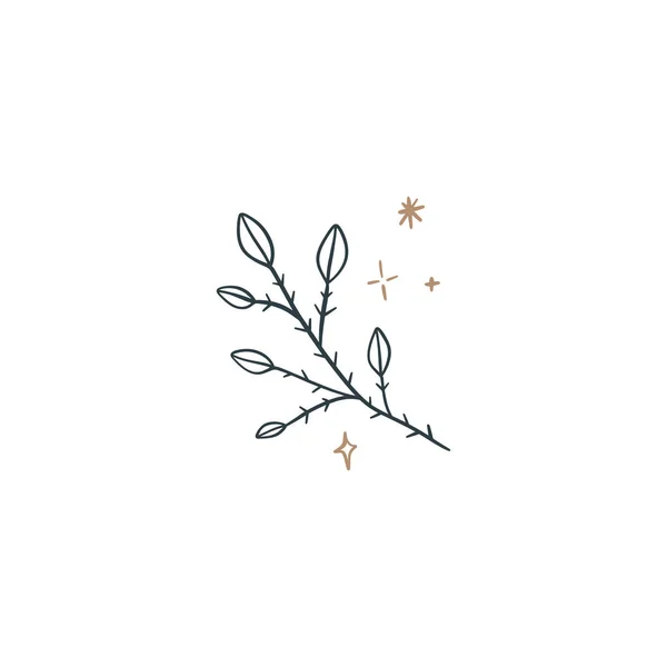 Hand Drawn Boho Minimalist Magical Logo Branch Plant Design Line Art Style Magic Dream Concept Vector — ストックベクタ