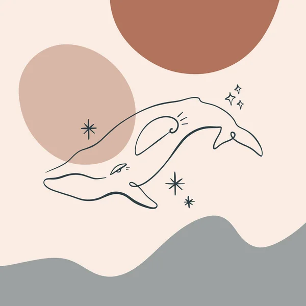 Blush beige en terre cuite Poster vectoriel baleine d'art de ligne du milieu du siècle — Image vectorielle