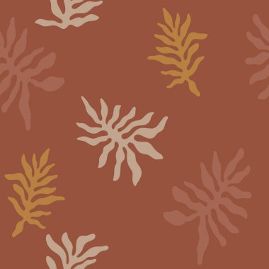 Rastgele çiçek yapraklarıyla modern soyut terracotta modasız desen. Sıcak pastel doğal toprak renginde tropik canavar siluetleri. Damgalamak, paketlemek için iyi.