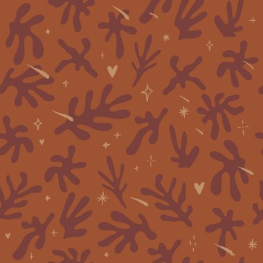 Rastgele çiçek yapraklarıyla modern soyut terracotta modasız desen. Sıcak pastel doğal toprak renginde tropik canavar siluetleri. Damgalamak, paketlemek için iyi.