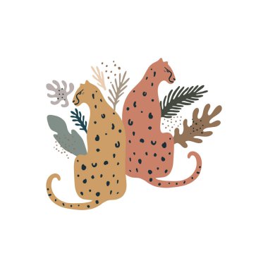 Egzotik vahşi hayvanlar. Ormanda, tropikal yağmur ormanlarında yaşayan leoparlar. Asya sakinleri. Avuç içi yaprakları. Yaz indirimi, sosyal medya promosyon içeriği ve daha fazlası için iyi. Farklı bitkiler. 