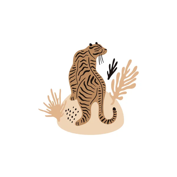 Cute vector tiger composition. Ecology concept. Tigers population. Protect animals. Palm leaves background. Good for summer sale, social media promotional content and more. Vector illustration. — Stock Vector